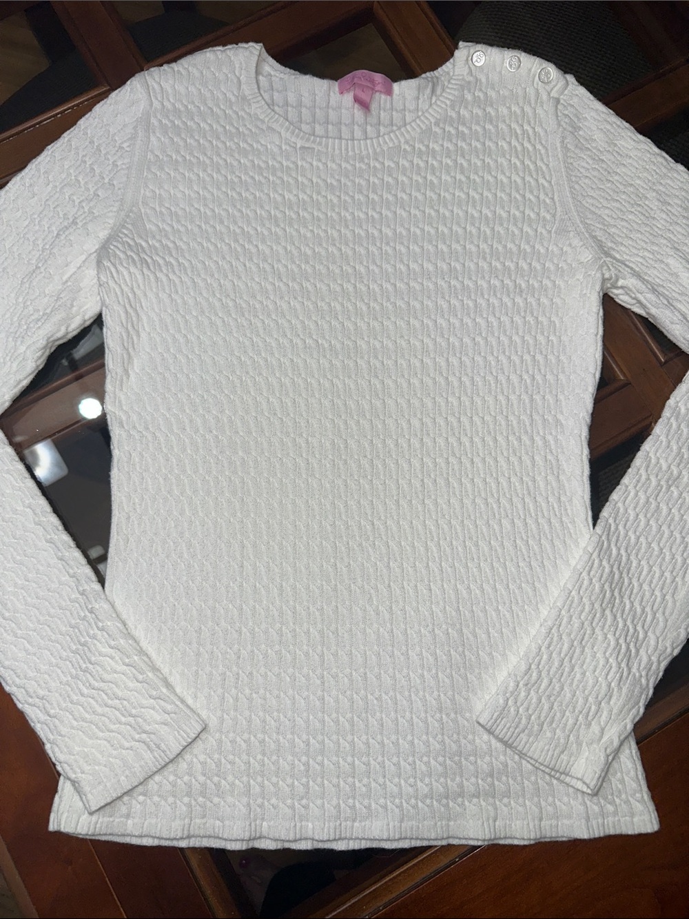 Lilly Pulitzer White Textured Crewneck Sweater with Shoulder Buttons 100% Cotton